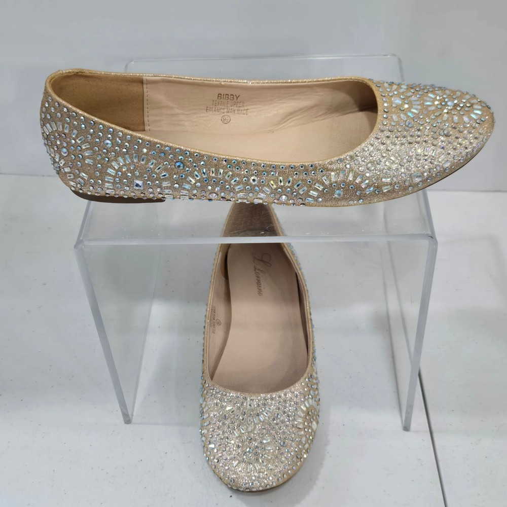 J. Lorraine Bibby Gold Rhinestone Embellished Ballet Flats Shoes Womens Size 9.5